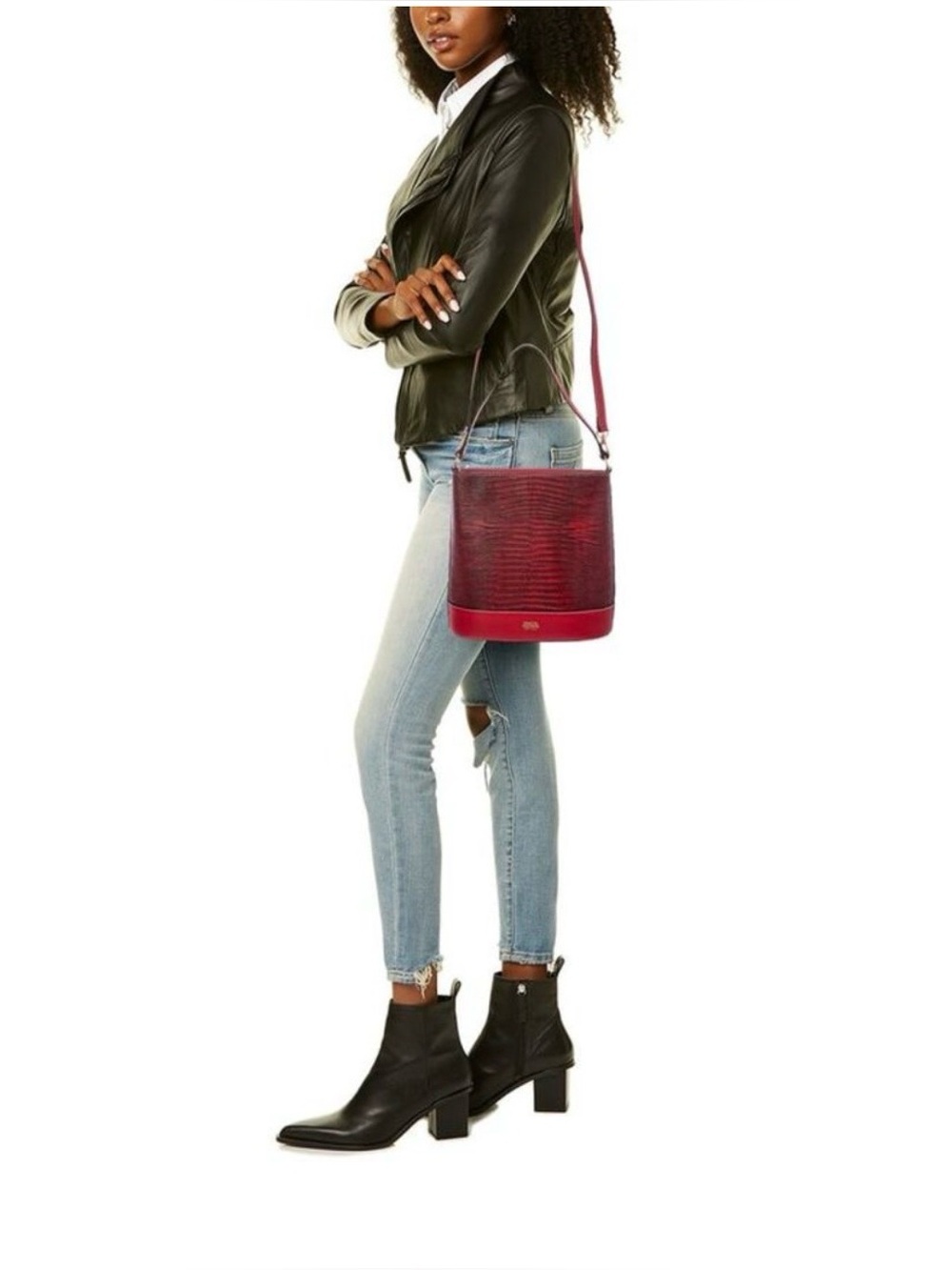 Frances Valentine Stella Slim Red Snake Embossed Crossbody Bucketbag - Picture 3 of 16